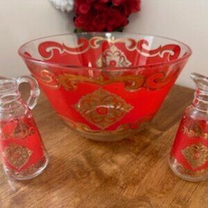 Vintage Libbey Starlyte Salad Bowl with Oil and Vinegar Dispensers – Gold Leaf D